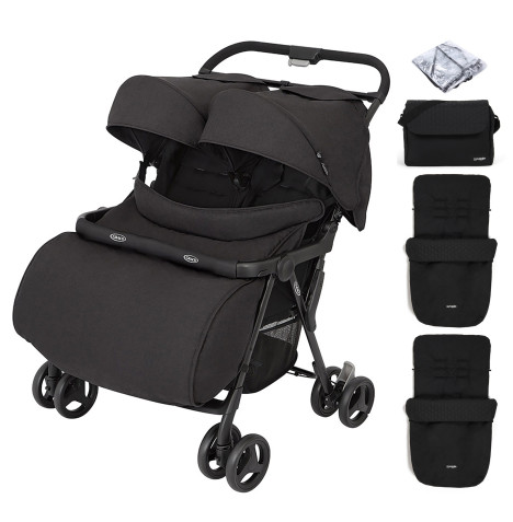 Graco Opia™ Twin Pushchair with Double Apron, Raincover, 2 Footmuffs & Changing Bag - Night Sky