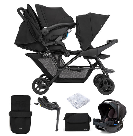 Graco Blaaze™ Stadium Duo Tandem Travel System with Front Apron, Raincover, Footmuff, Changing Bag, Car Seat & Base - Night Sky
