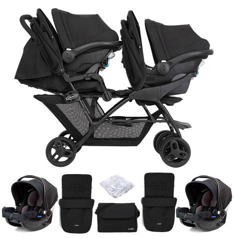 Graco Blaaze™ Stadium Duo Tandem Travel System with Front Apron, Raincover, 2 Footmuffs, Changing Bag & 2 Car Seats - Night Sky