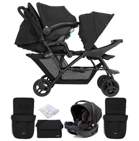 Graco Blaaze™ Stadium Duo Tandem Pushchair with Front Apron, Raincover, 2 Footmuffs, Changing Bag & Car Seat - Night Sky