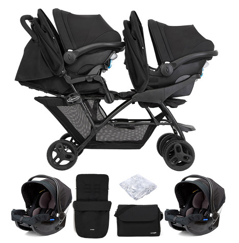 Graco Blaaze™ Stadium Duo Tandem Travel System with Front Apron, Raincover, Footmuff, Changing Bag & 2 Car Seats - Night Sky