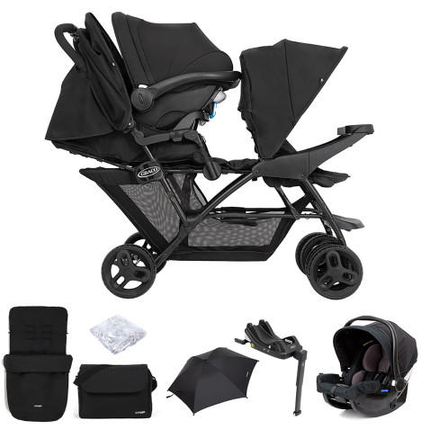 Graco Blaaze™ Stadium Duo Tandem Travel System with Front Apron, Raincover, Footmuff, Changing Bag, Car Seat, Base & Parasol - Night Sky