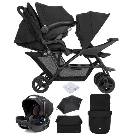 Graco Blaaze™ Stadium Duo Tandem Travel System with Front Apron, Raincover, Footmuff, Changing Bag, Car Seat & Parasol - Night Sky