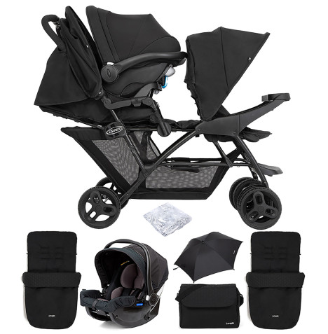 Graco Blaaze™ Stadium Duo Tandem Travel System with Front Apron, Raincover, 2 Footmuffs, Changing Bag, Car Seat & Parasol - Night Sky