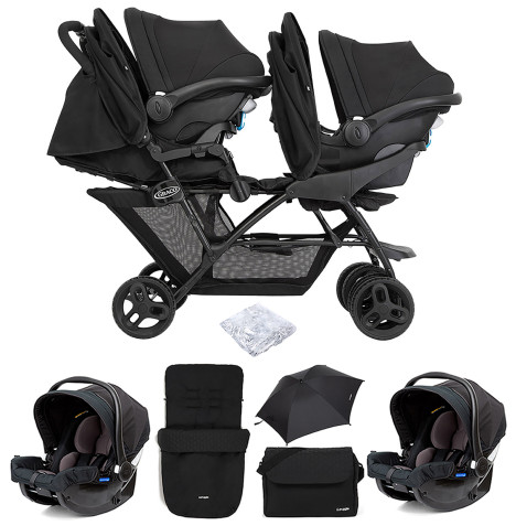 Graco Blaaze™ Stadium Duo Tandem Travel System with Front Apron, Raincover, Footmuff, Changing Bag, 2 Car Seats & Parasol - Night Sky