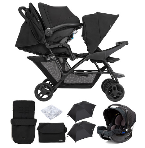 Graco Blaaze™ Stadium Duo Tandem Travel System with Front Apron, Raincover, Footmuff, Changing Bag, Car Seat & 2 Parasols - Night Sky