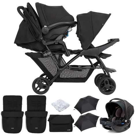 Graco Blaaze™ Stadium Duo Tandem Travel System with Front Apron, Raincover, 2 Footmuffs, Changing Bag, Car Seat & 2 Parasols - Night Sky