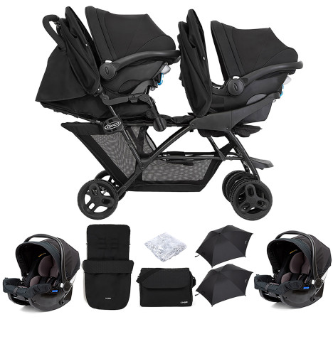 Graco Blaaze™ Stadium Duo Tandem Travel System with Front Apron, Raincover, Footmuff, Changing Bag, 2 Car Seats & 2 Parasols - Night Sky