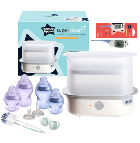 Tommee Tippee Super-Steam Advanced Electric Steriliser With Closer to Nature Bottle Set & Thermometer - White/Multi