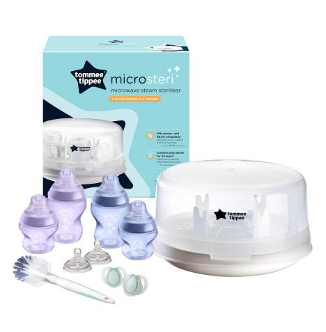 Tommee Tippee Closer to Nature Microwave Steam Steriliser & Bottle Set - White & Blue/Purple