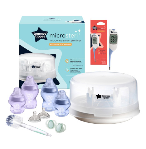 Tommee Tippee Closer to Nature Microwave Steam Steriliser & Bottle Set with Theremometer - White & Blue/Purple