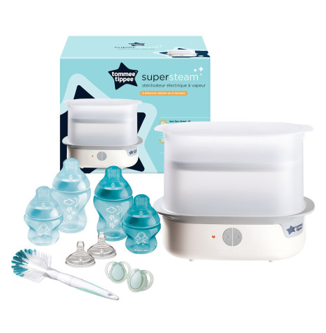 Tommee Tippee Super-Steam Advanced Electric Steriliser & Closer to Nature Bottle Set - White/Blue