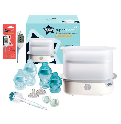 Tommee Tippee Super-Steam Advanced Electric Steriliser & Closer to Nature Bottle Set with Thermometer - White/Blue