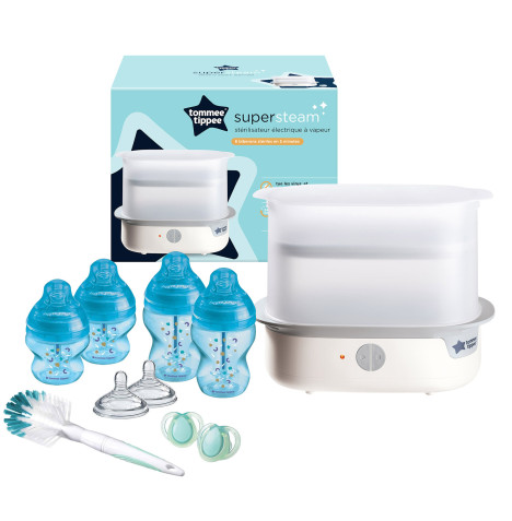 Tommee Tippee Super-Steam Advanced Electric Steriliser & Closer to Nature Baby Bottle Set - White/Blue