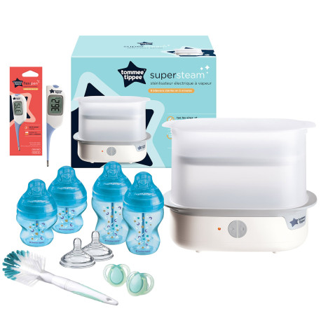 Tommee Tippee Super-Steam Advanced Electric Steriliser & Closer to Nature Baby Bottle Set With Thermometer - White/Blue