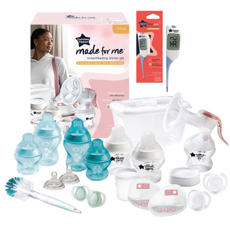 Tomme Tippee Breastfeeding Starter Kit & Closer to Nature Baby Bottle Set With Thermometer - Blue