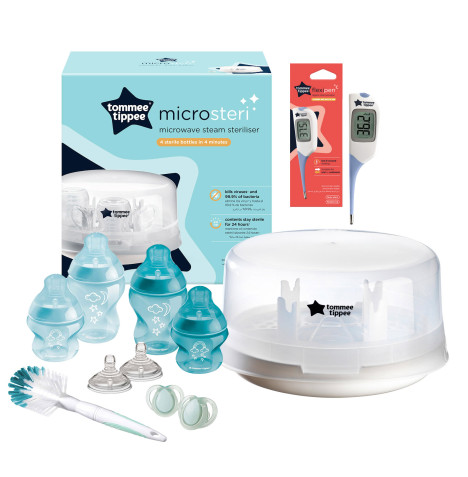 Tommee Tippee Closer to Nature Microwave Steam Steriliser & Bottle Set With Thermometer - White & Blue