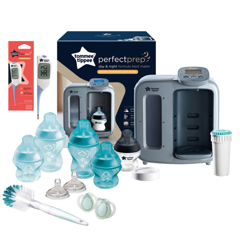 Tommee Tippee Perfect Prep Day & Night Machine Instant Baby Bottle Maker With Baby Bottle Set & Thermometer - Grey/Blue
