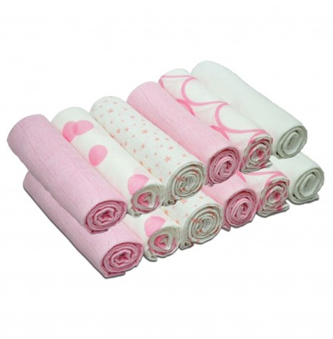 4baby Cotton Muslin Squares (12 Pack) Mixed Designs - Pink