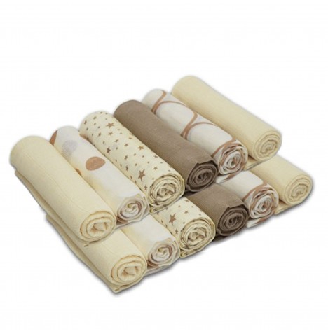 4baby Cotton Muslin Squares (12 Pack) Mixed Designs - Cream & Beige