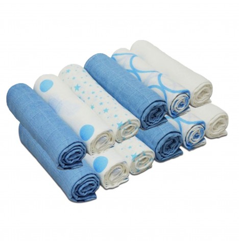 4baby Cotton Muslin Squares (12 Pack) Mixed Designs - Blue