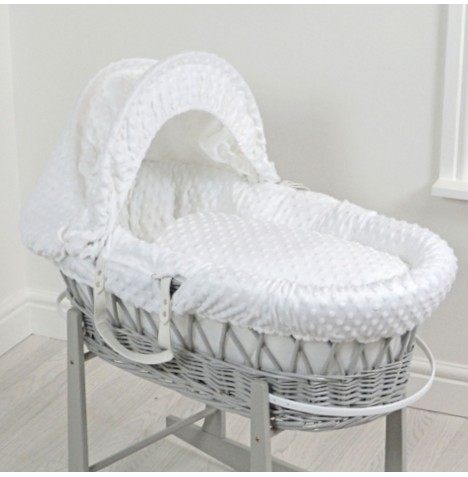 4baby Deluxe Padded Grey Wicker Moses Basket - White Dimple