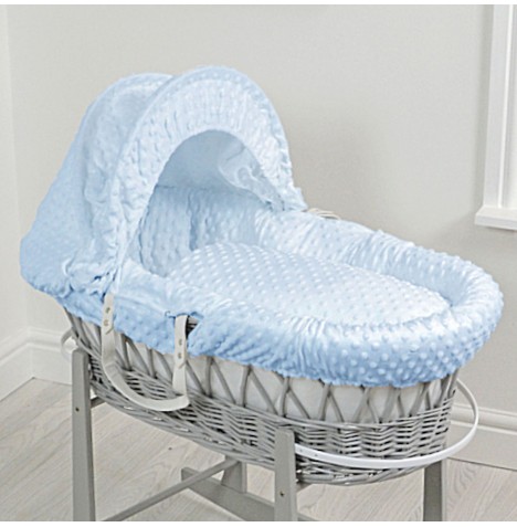 4baby Deluxe Padded Grey Wicker Moses Basket - Blue Dimple