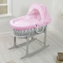 4Baby Padded Grey Wicker Moses Basket & Rocking Stand - Pink Dimple